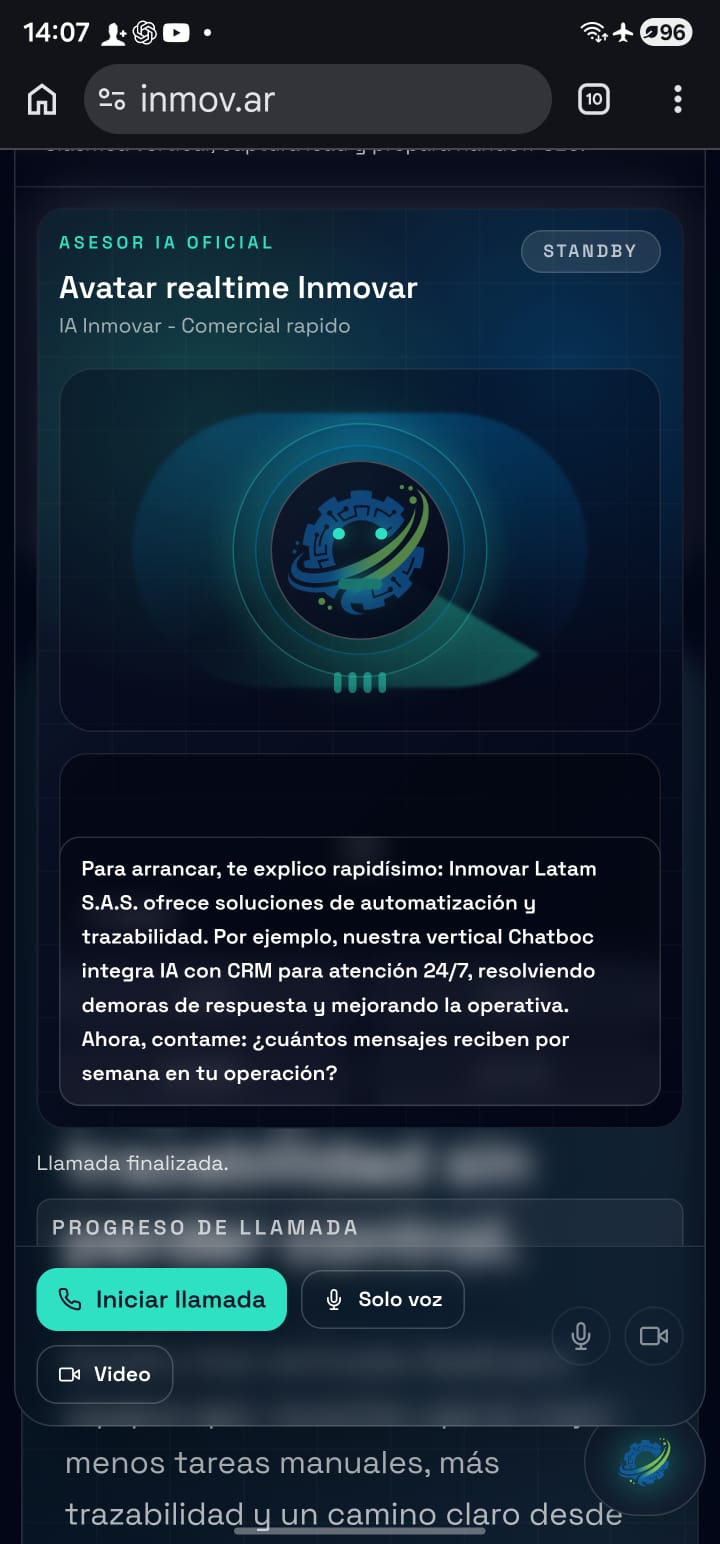 Avatar realtime Inmovar funcionando dentro da inmov.ar